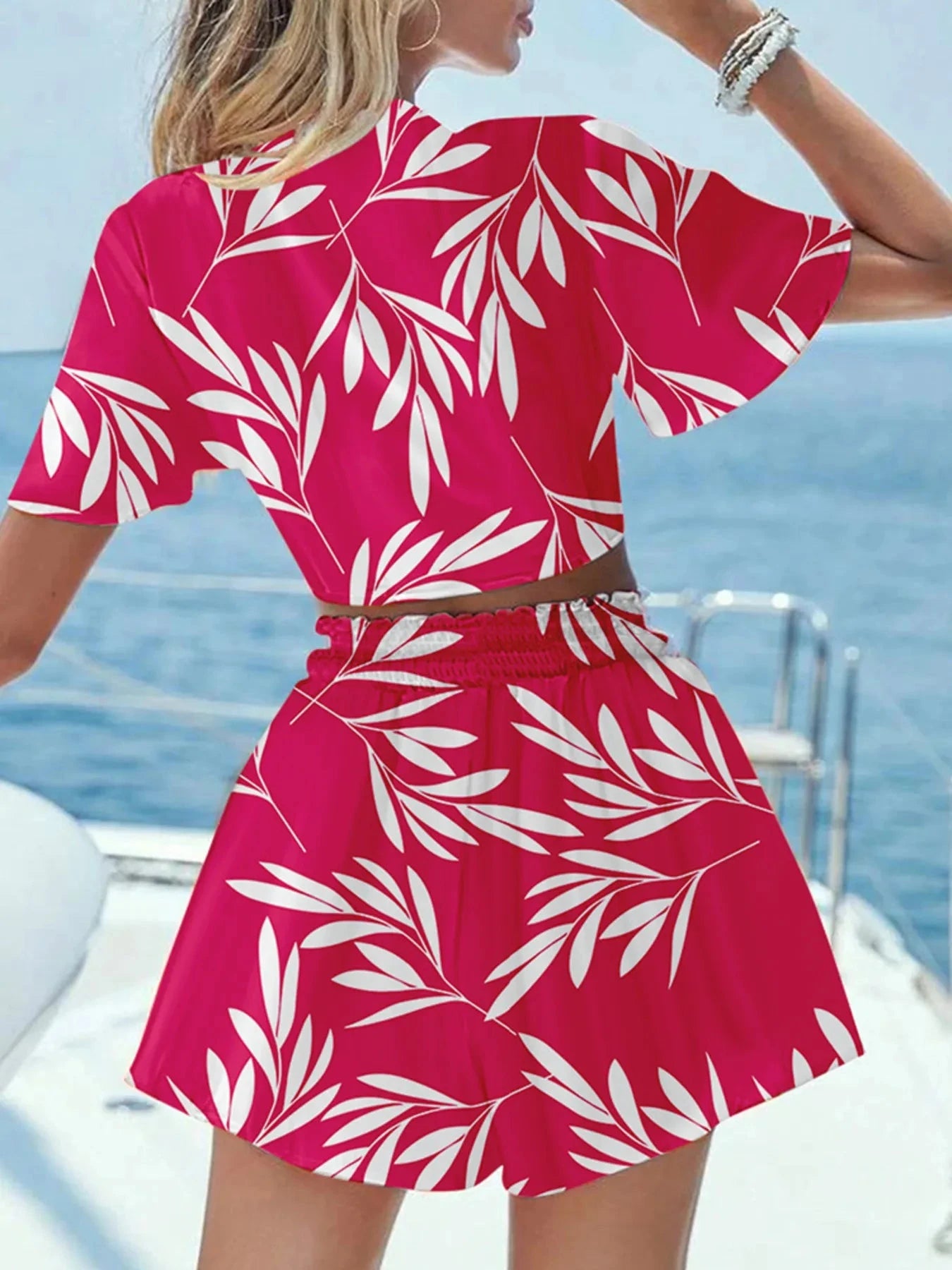 Printed Tie Front Top and Shorts Set