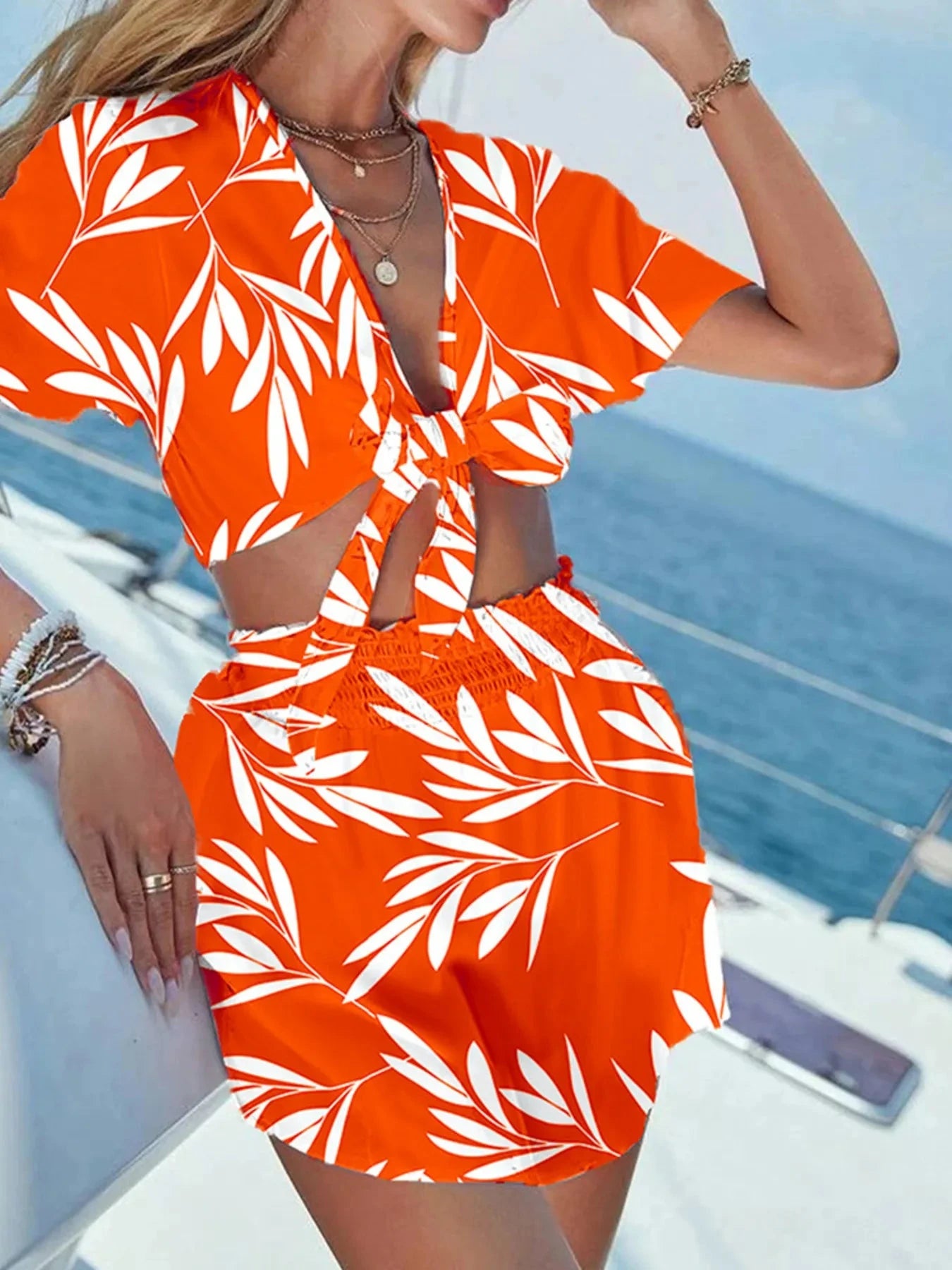 Printed Tie Front Top and Shorts Set