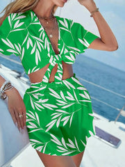 Printed Tie Front Top and Shorts Set