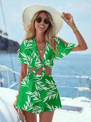 Printed Tie Front Top and Shorts Set Green / S