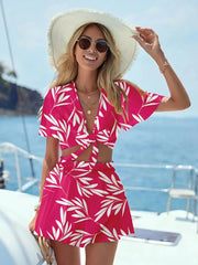Printed Tie Front Top and Shorts Set Hot Pink / S