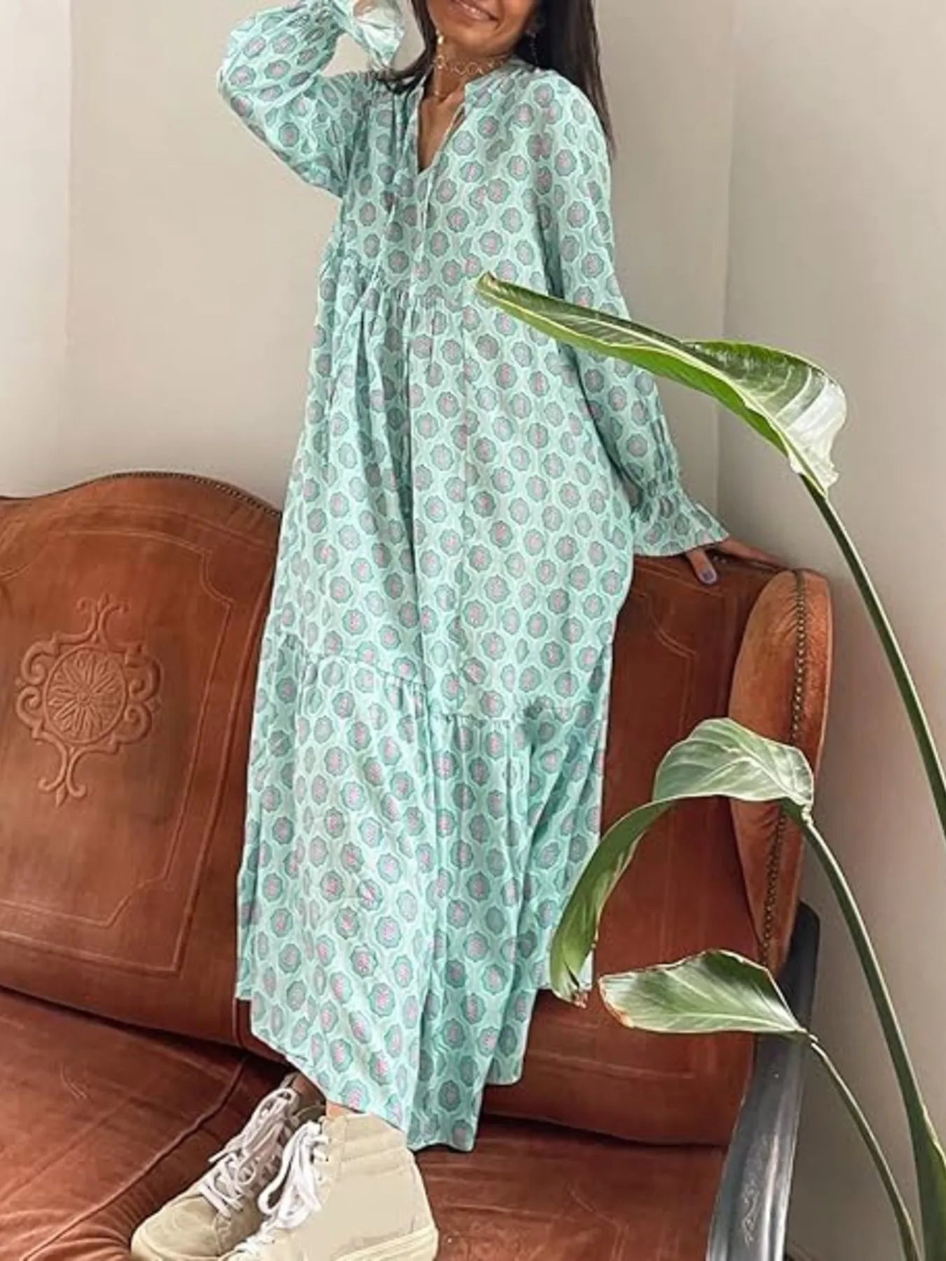 Printed Tie Neck Flounce Sleeve Maxi Dress