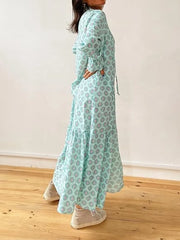 Printed Tie Neck Flounce Sleeve Maxi Dress