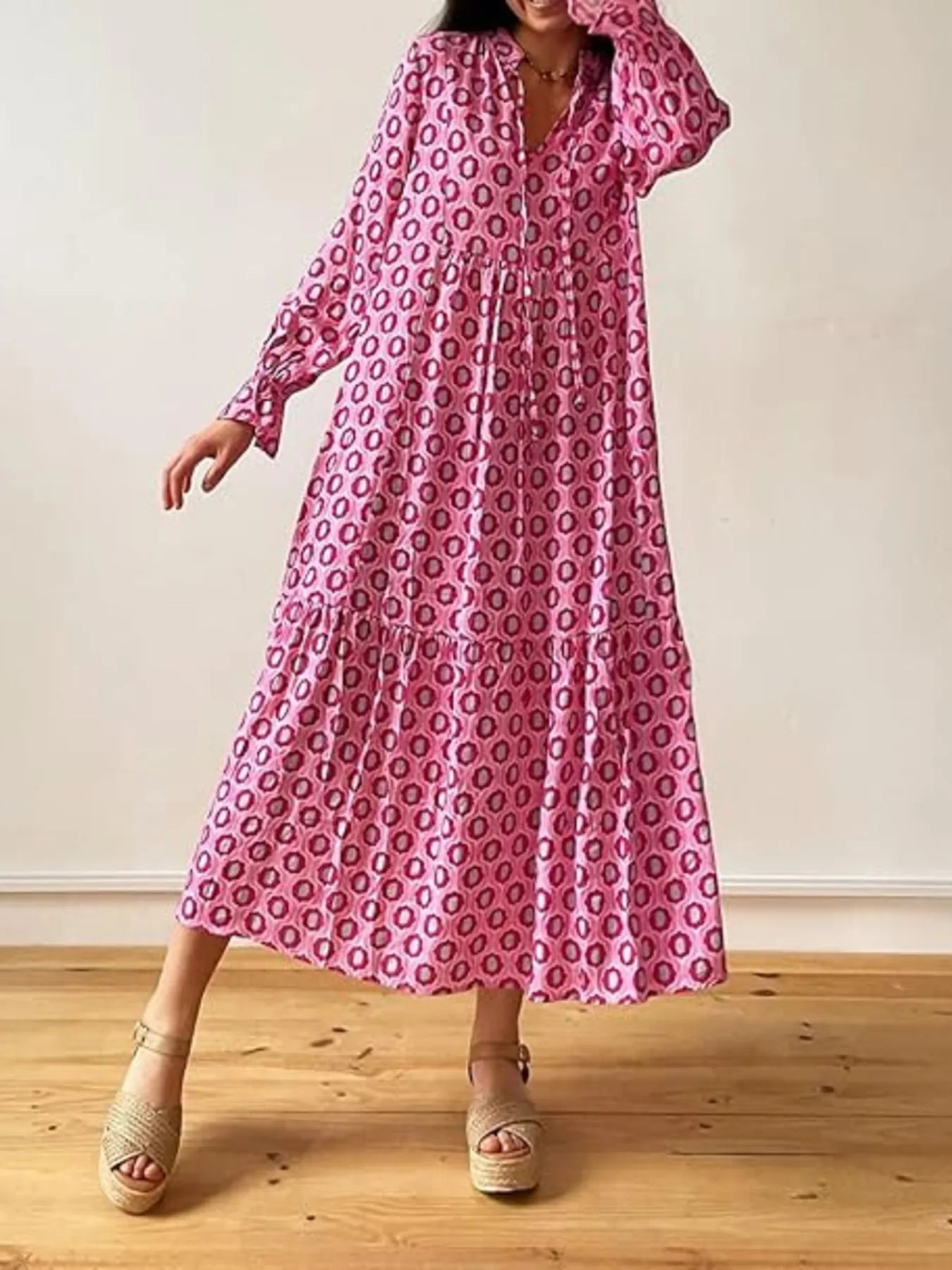Printed Tie Neck Flounce Sleeve Maxi Dress