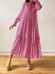 Printed Tie Neck Flounce Sleeve Maxi Dress