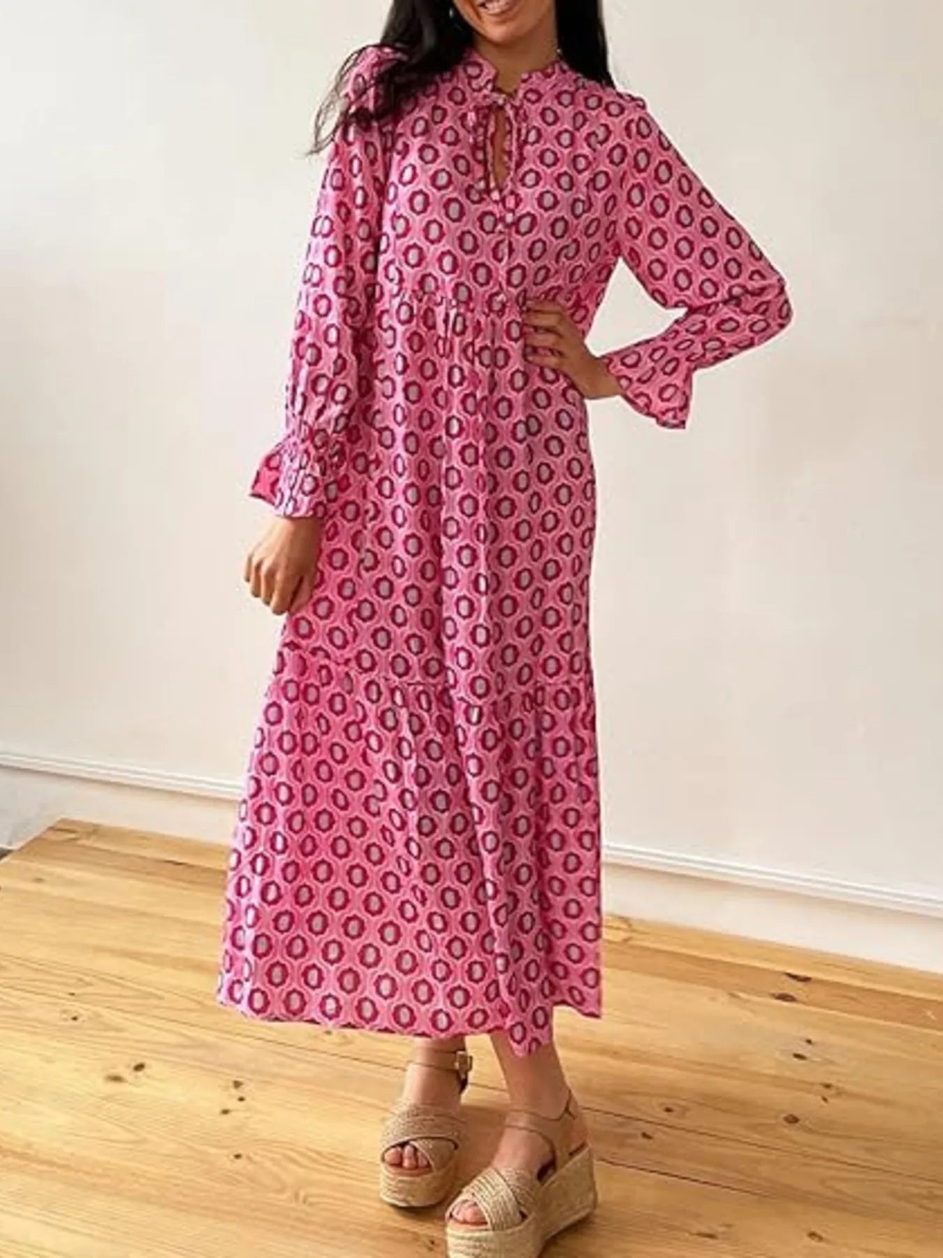 Printed Tie Neck Flounce Sleeve Maxi Dress