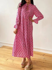 Printed Tie Neck Flounce Sleeve Maxi Dress