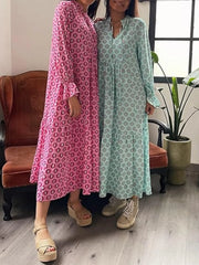 Printed Tie Neck Flounce Sleeve Maxi Dress