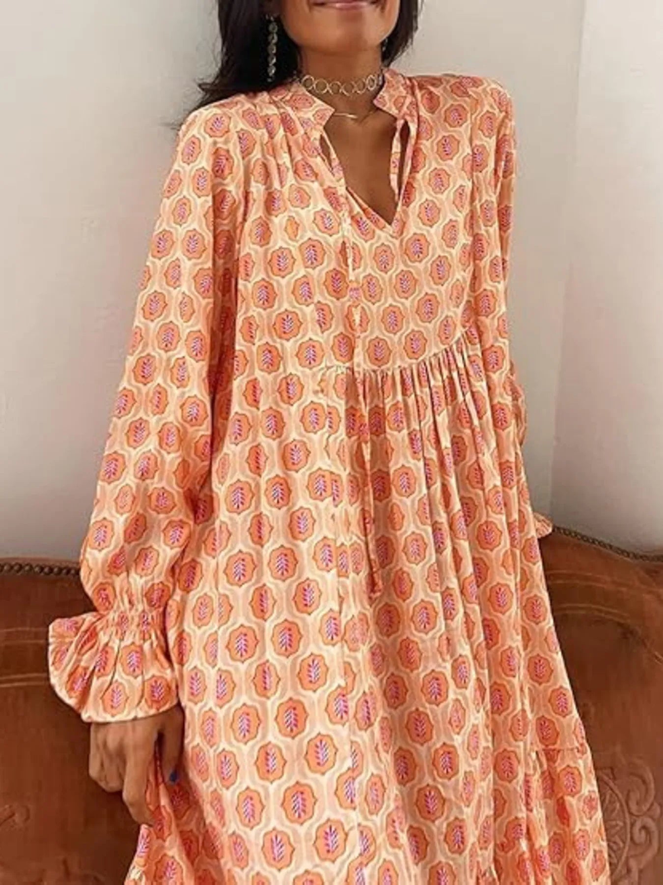 Printed Tie Neck Flounce Sleeve Maxi Dress