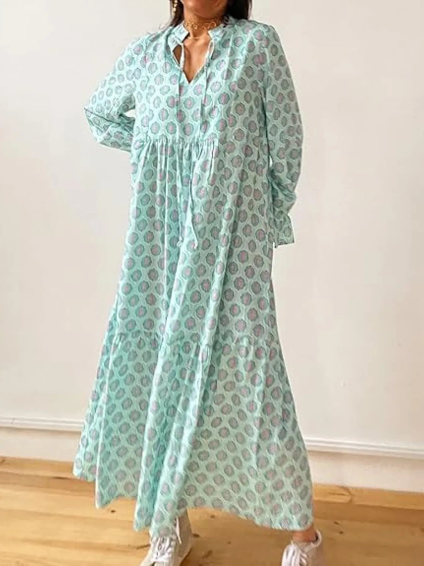 Printed Tie Neck Flounce Sleeve Maxi Dress Light Green / S