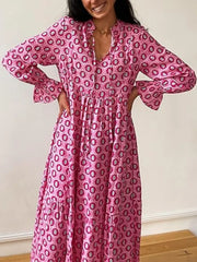 Printed Tie Neck Flounce Sleeve Maxi Dress Rose Red / S