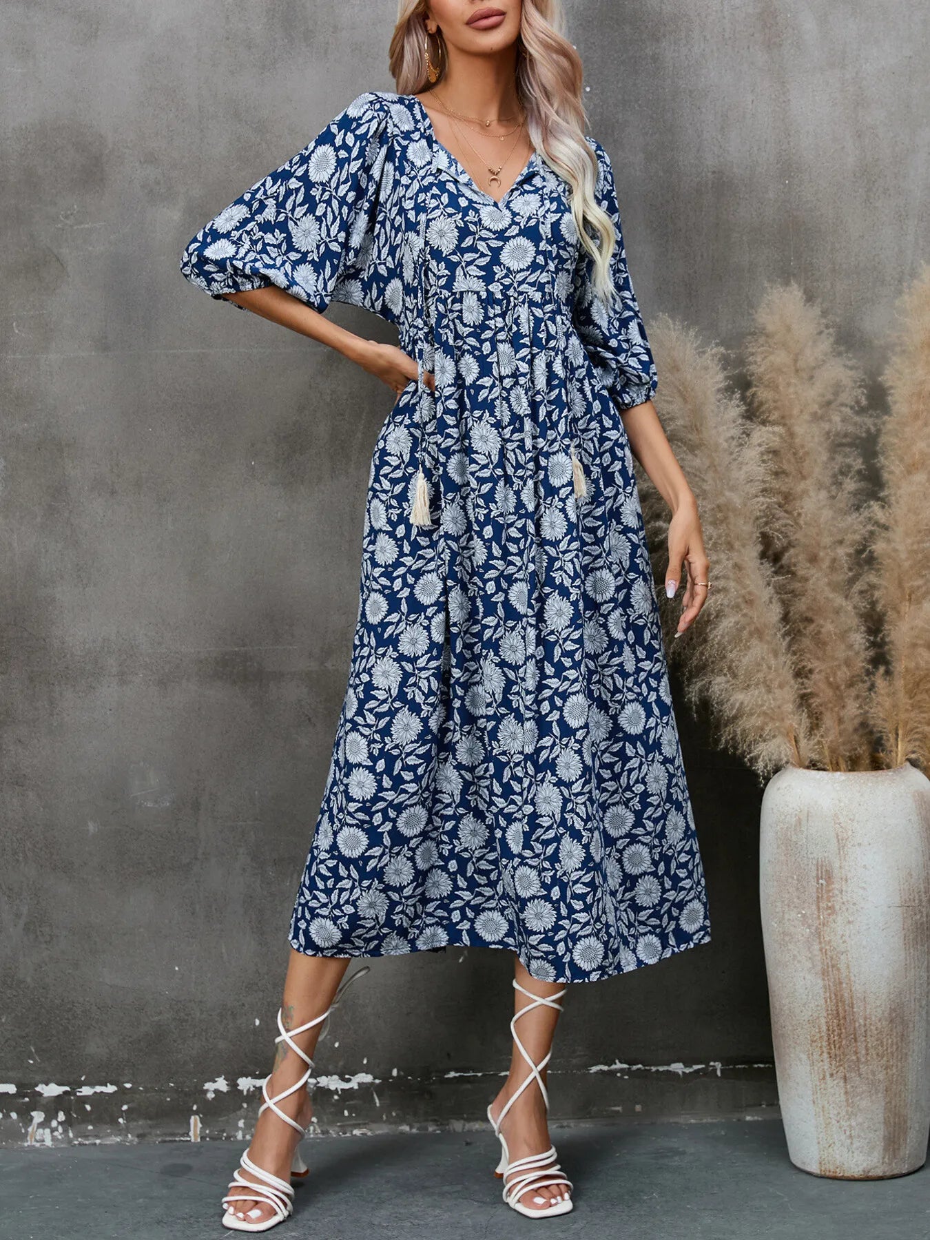 Printed Tie Neck Midi Dress