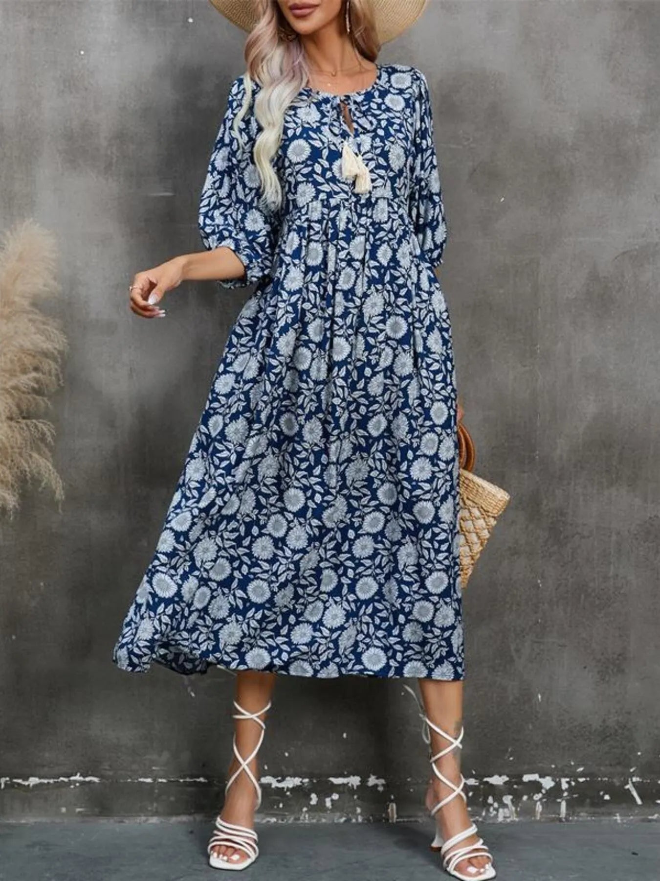 Printed Tie Neck Midi Dress