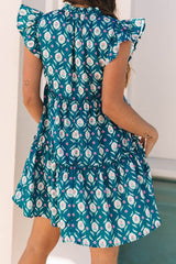 Printed Tie Neck Ruffled Cap Sleeve Dress
