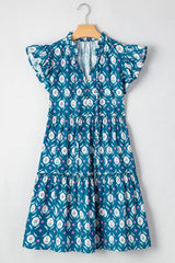 Printed Tie Neck Ruffled Cap Sleeve Dress
