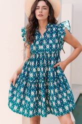Printed Tie Neck Ruffled Cap Sleeve Dress Floral / S