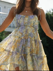 Printed Tie-Strap Tiered Mini Dress