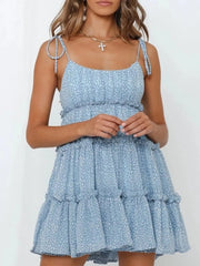 Printed Tie-Strap Tiered Mini Dress Light Blue / S