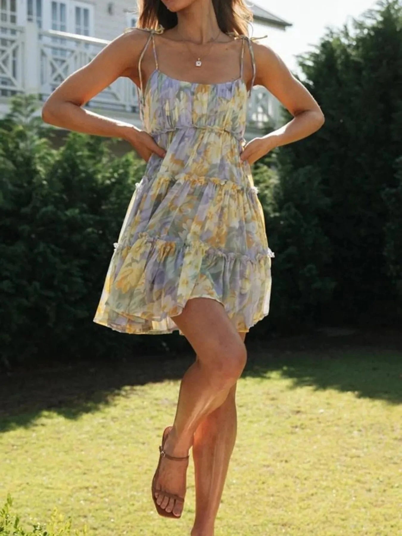 Printed Tie-Strap Tiered Mini Dress Pastel Yellow / S