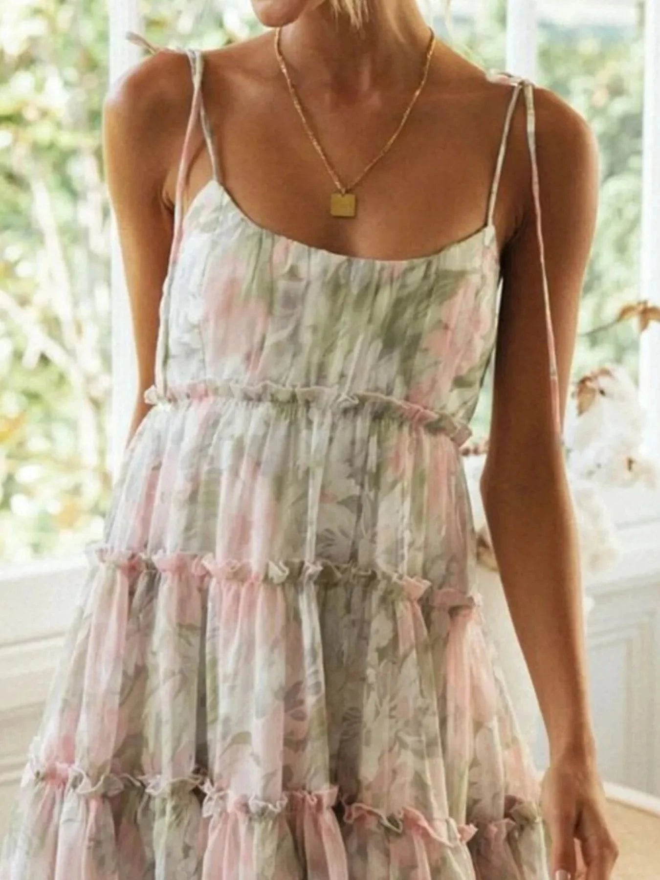 Printed Tie-Strap Tiered Mini Dress Sage / S