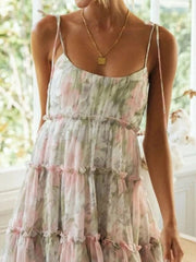 Printed Tie-Strap Tiered Mini Dress Sage / S