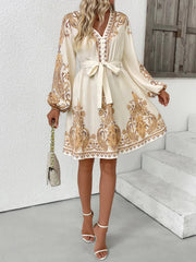 Printed Tie Waist Long Sleeve Dress
