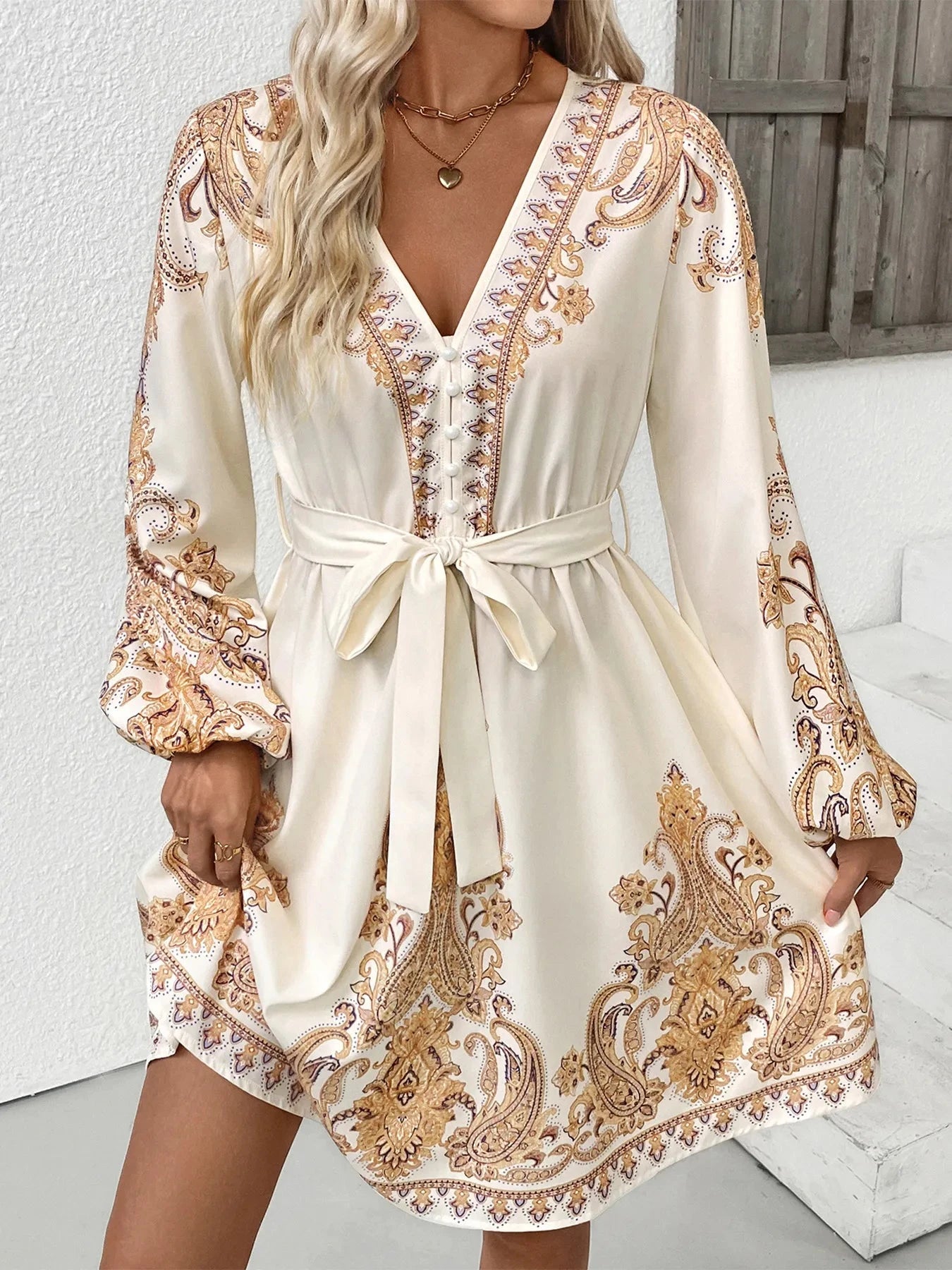 Printed Tie Waist Long Sleeve Dress Beige / S