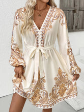 Printed Tie Waist Long Sleeve Dress Beige / S