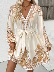 Printed Tie Waist Long Sleeve Dress Beige / S