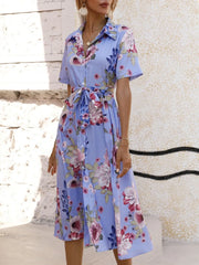 Printed Tie Waist Short Sleeve Midi Shirt Dress