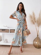 Printed Tie Waist Short Sleeve Midi Shirt Dress Light Teal / S