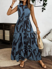 Printed Tie Waist Sleeveless Maxi Dress Dusty Blue / S