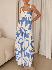 Printed Tiered Square Neck Maxi Dress