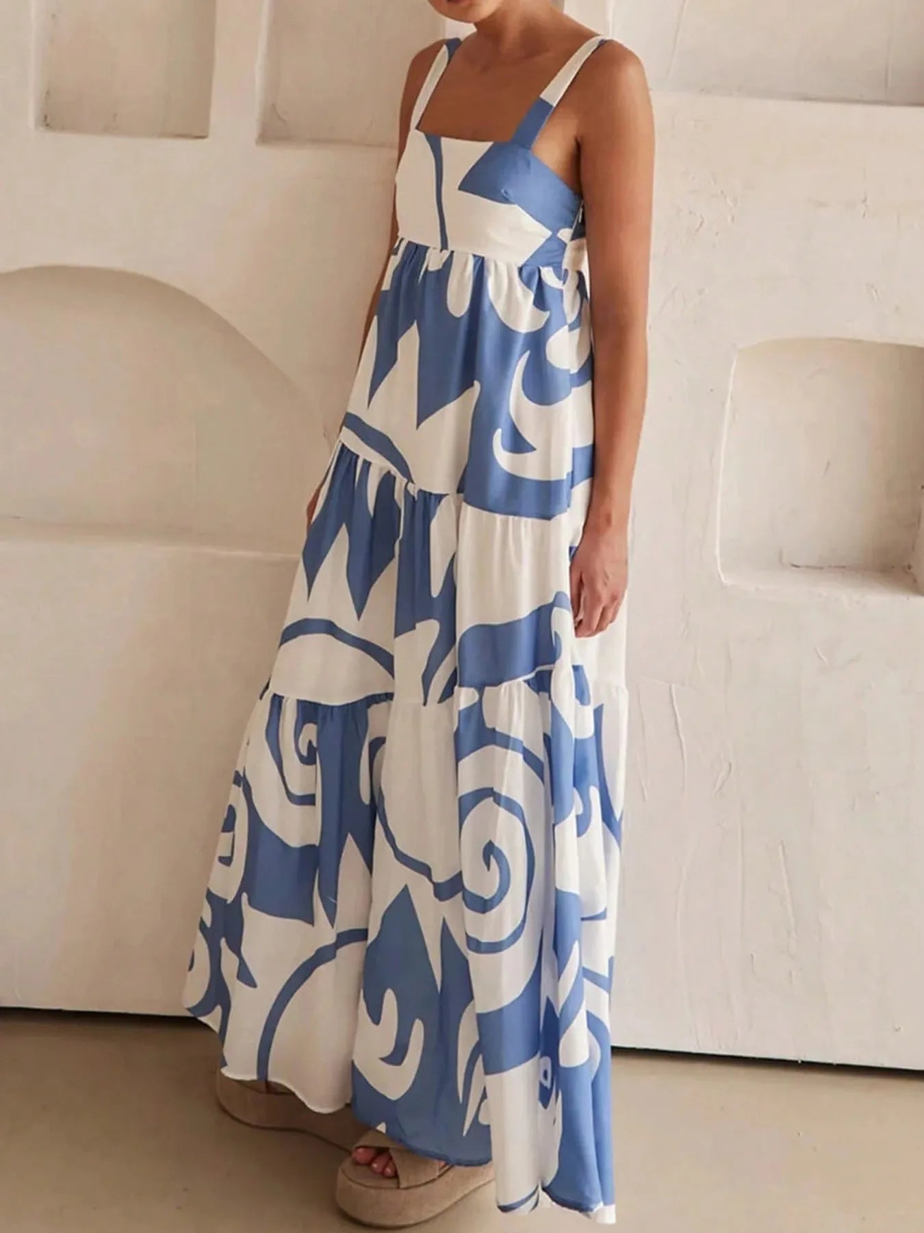 Printed Tiered Square Neck Maxi Dress