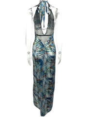 Printed V-Neck Halter Neck Maxi Dress
