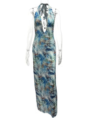 Printed V-Neck Halter Neck Maxi Dress