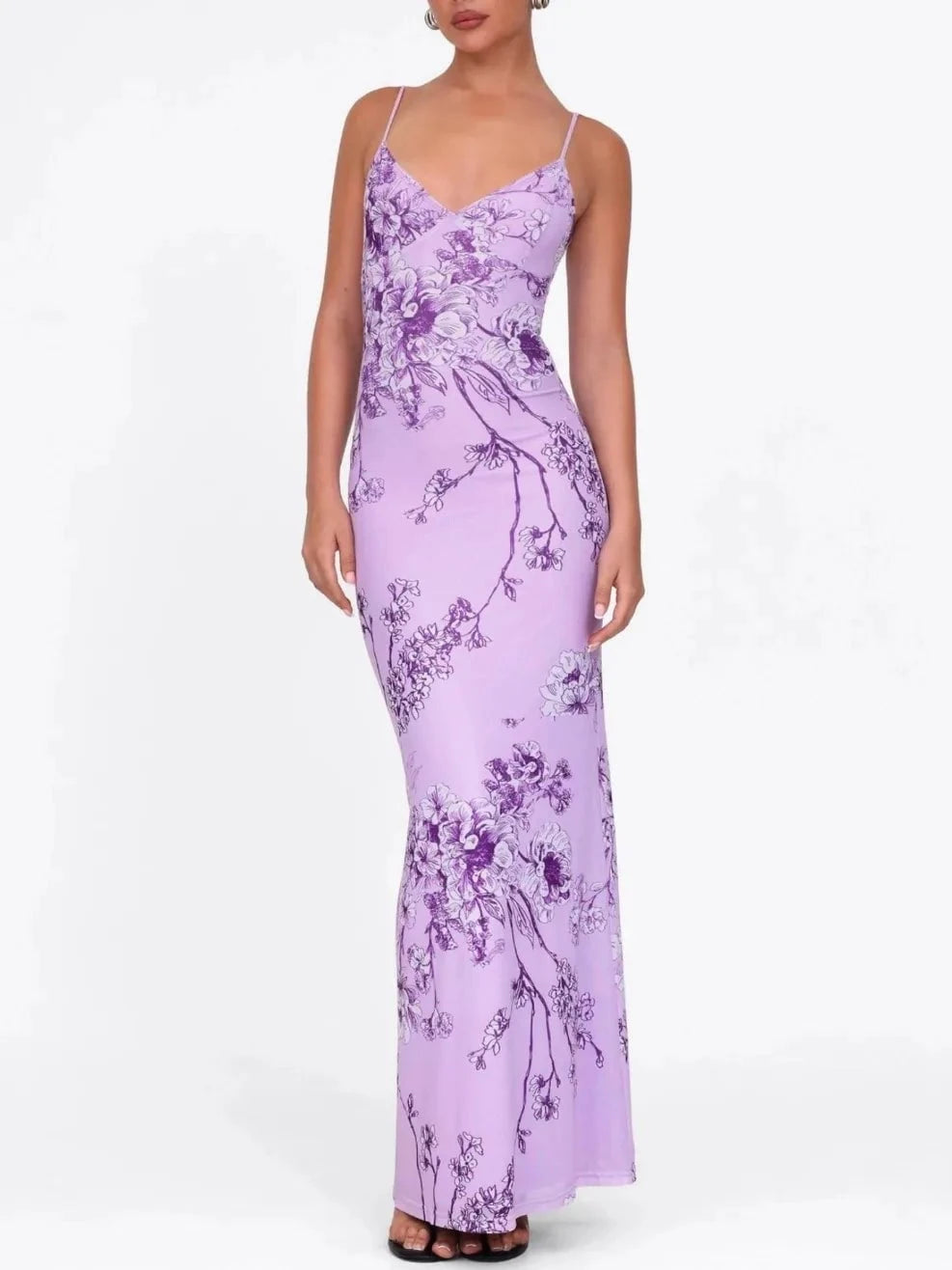 Printed V-Neck Maxi Dress Light Purple / S