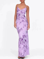 Printed V-Neck Maxi Dress Light Purple / S
