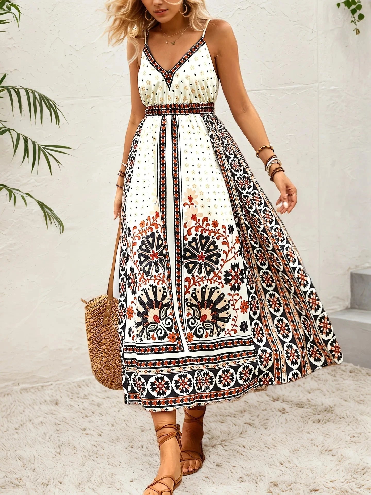 Printed V-Neck Midi Cami Dress