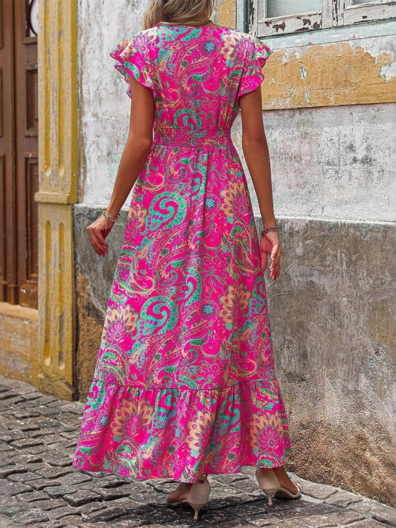 Printed V-Neck Ruffled Cap Sleeve Maxi Dress