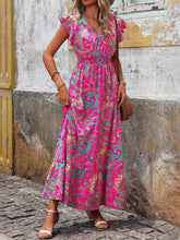 Printed V-Neck Ruffled Cap Sleeve Maxi Dress