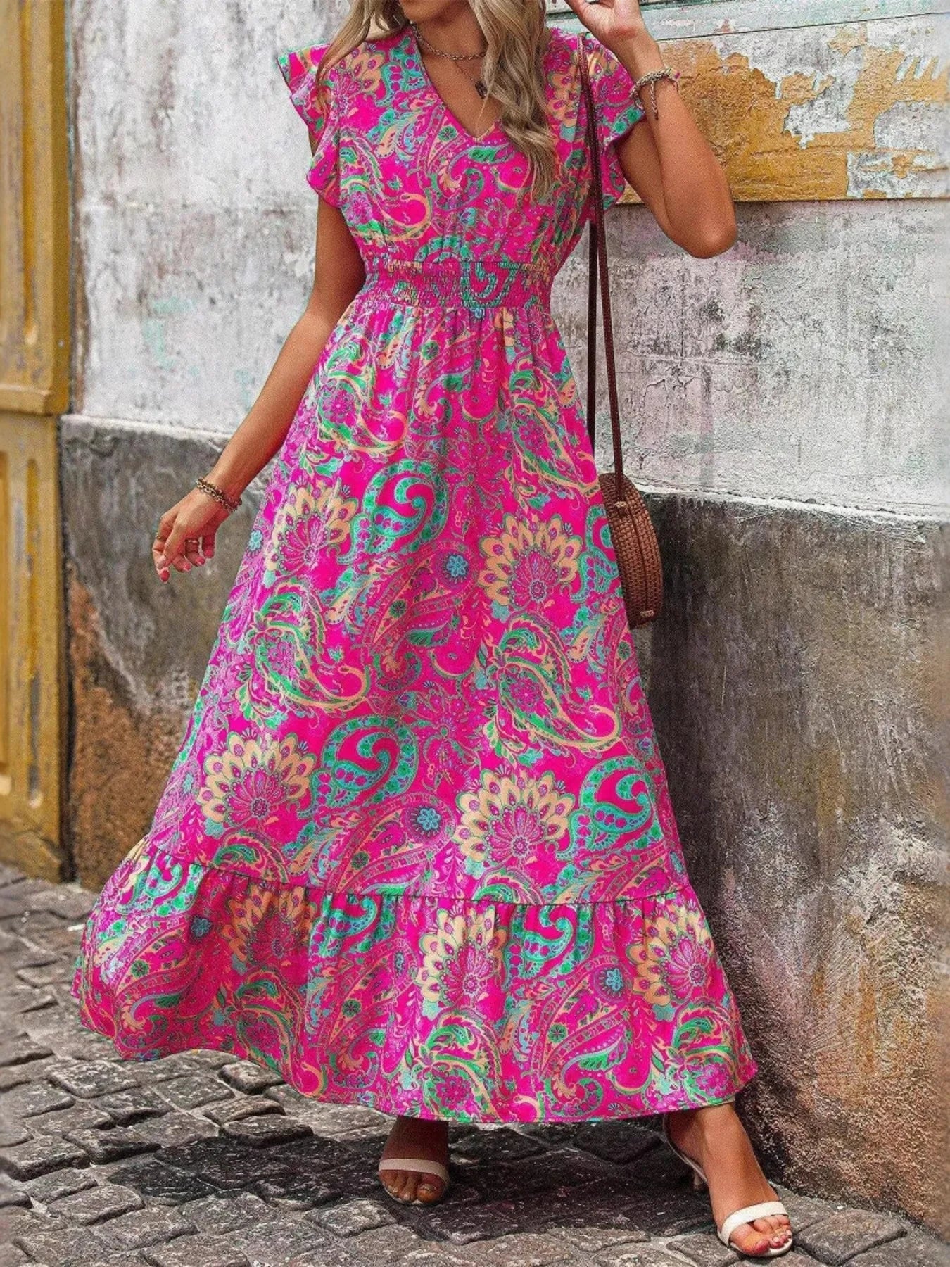 Printed V-Neck Ruffled Cap Sleeve Maxi Dress