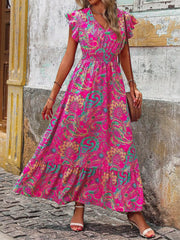 Printed V-Neck Ruffled Cap Sleeve Maxi Dress