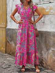 Printed V-Neck Ruffled Cap Sleeve Maxi Dress Pink / S