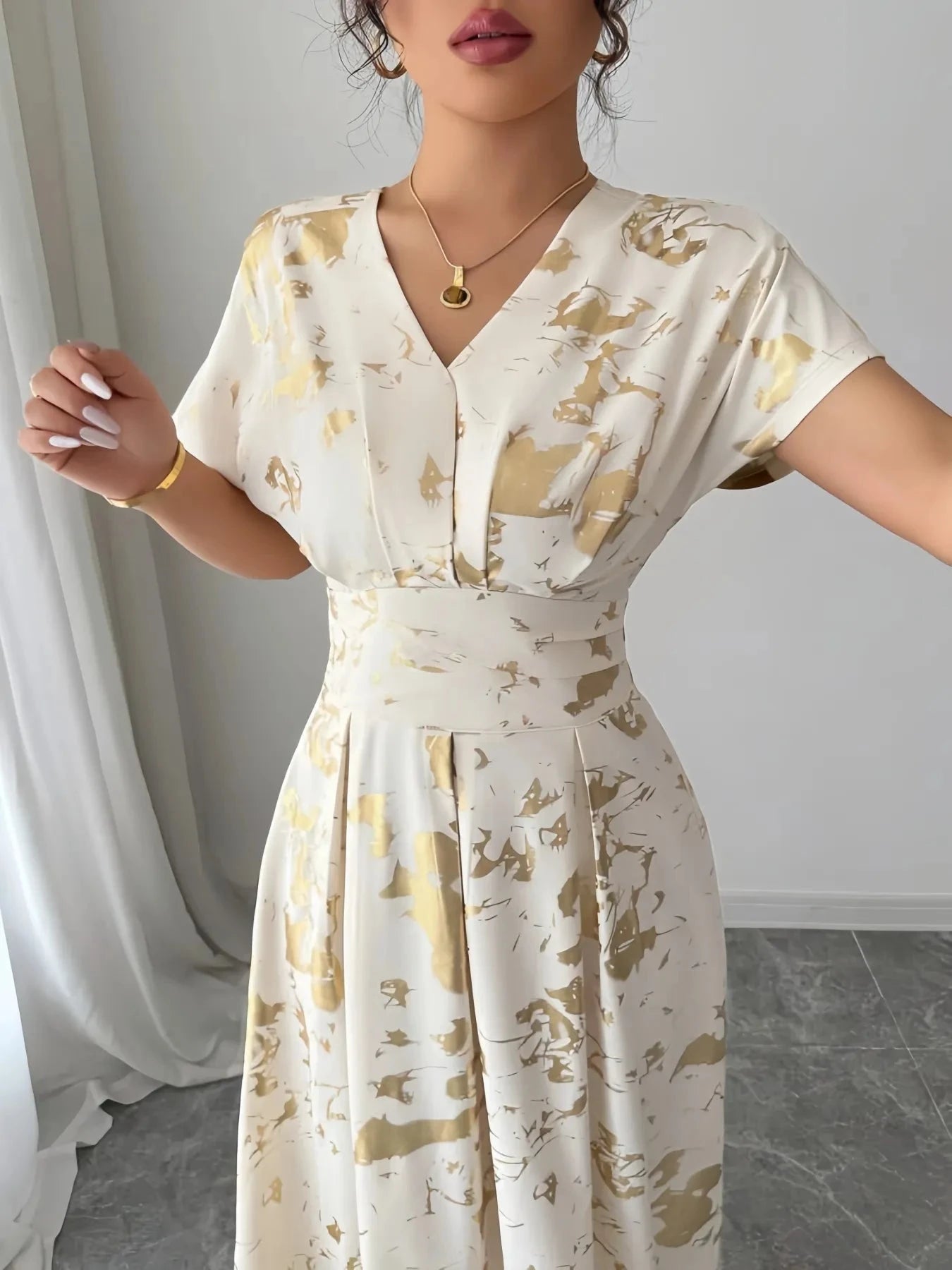 Printed V-Neck Short Sleeve Dress