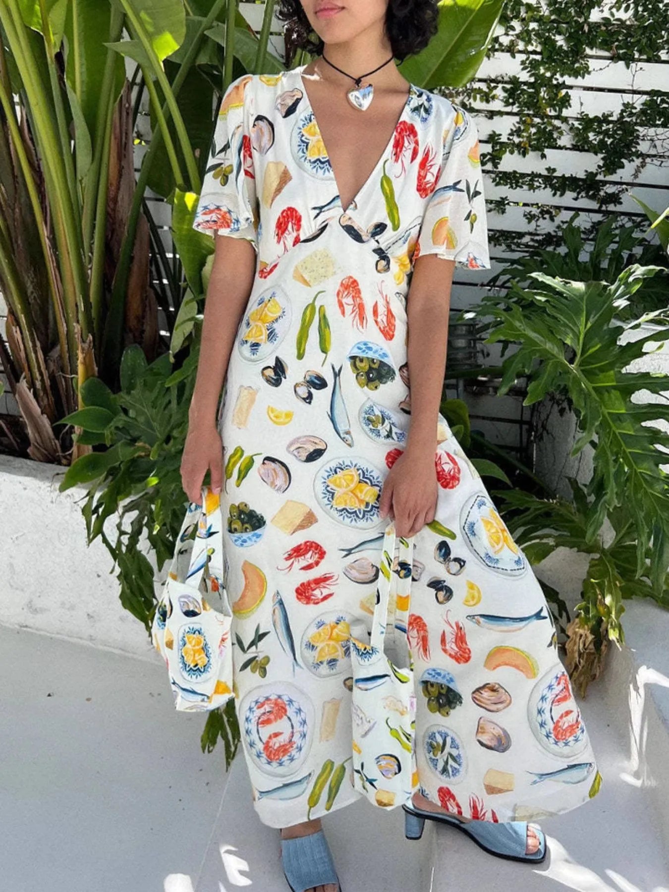 Printed V-Neck Short Sleeve Dress