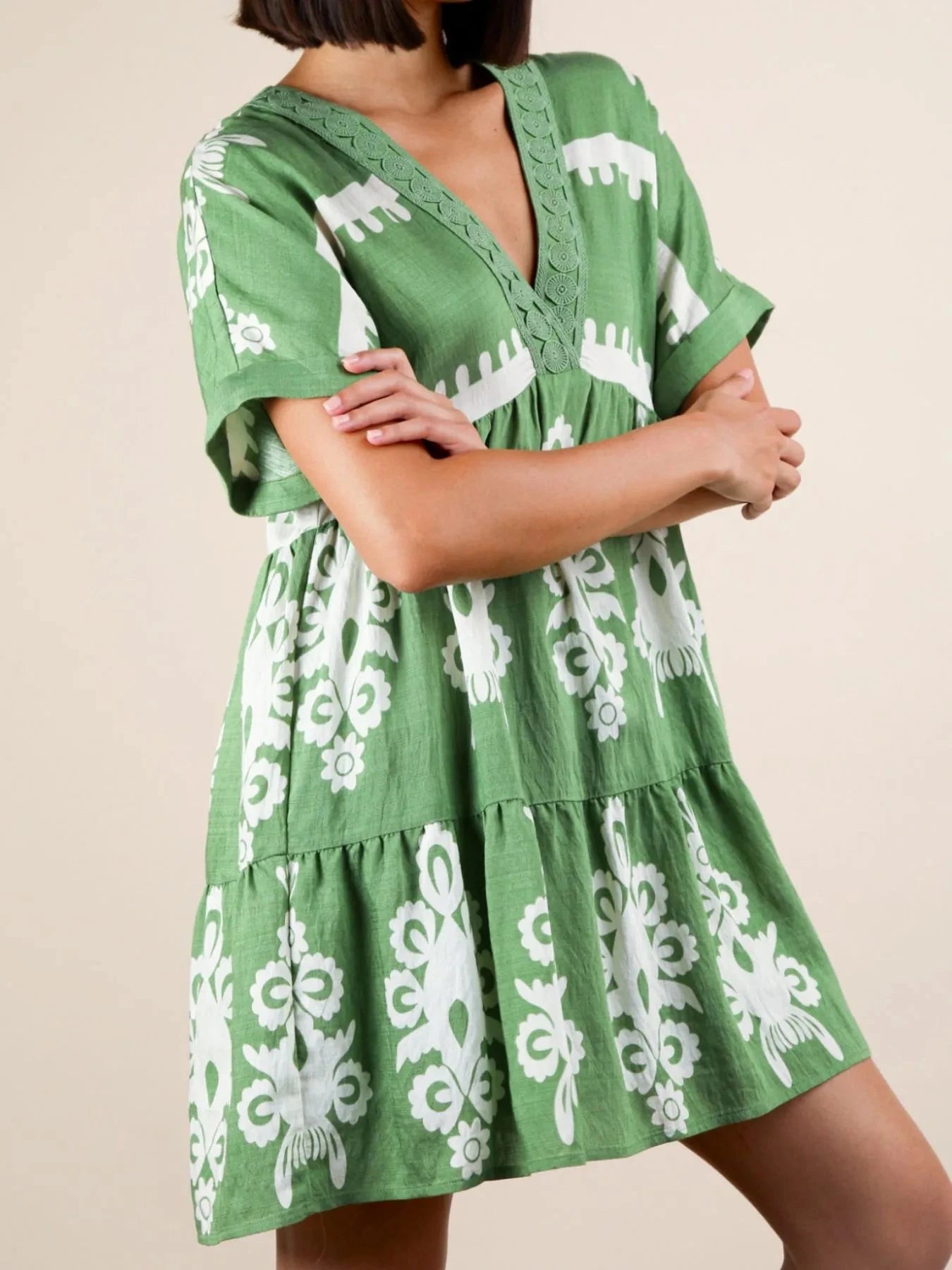 Printed V-Neck Short Sleeve Mini Dress