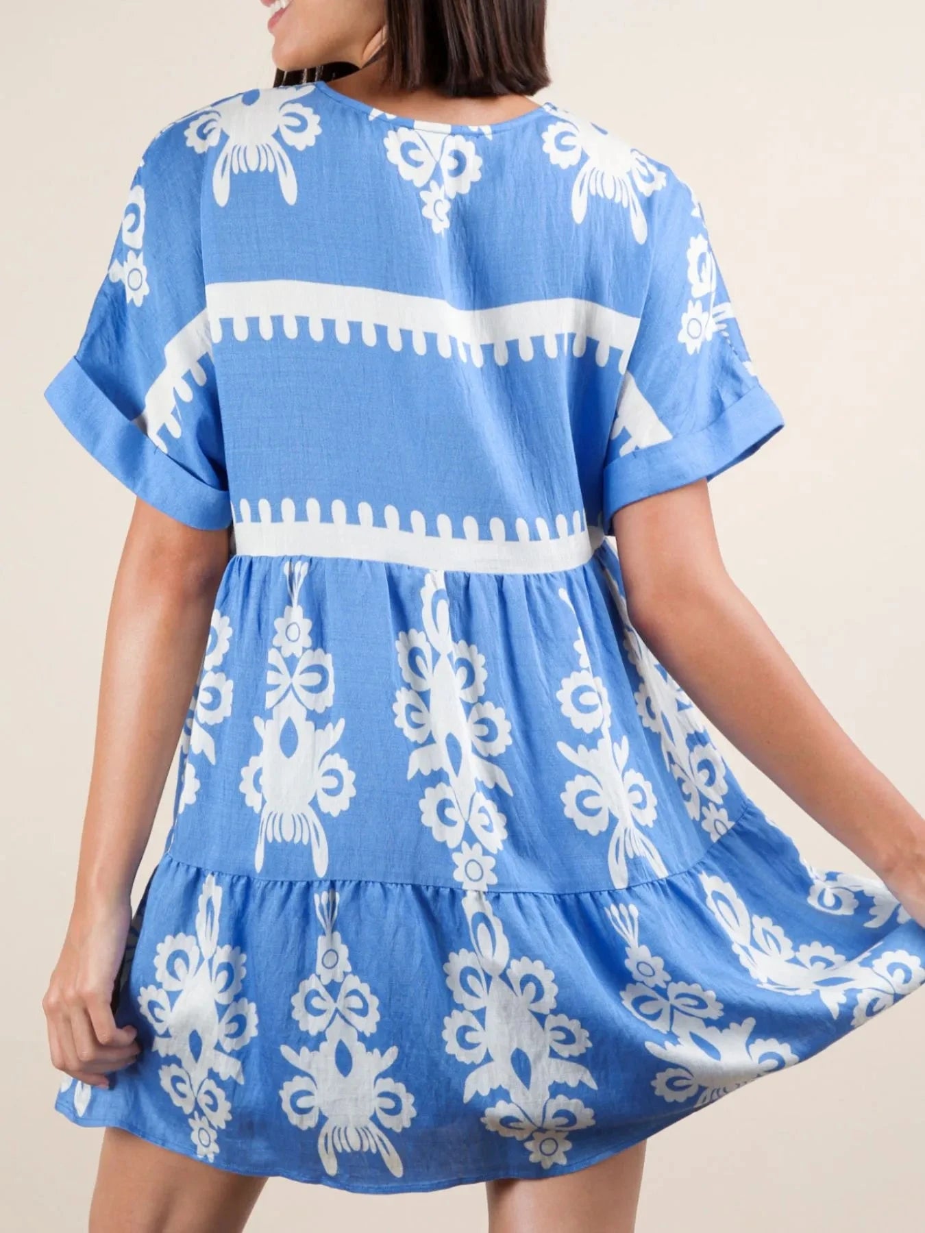 Printed V-Neck Short Sleeve Mini Dress