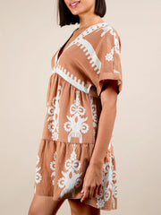 Printed V-Neck Short Sleeve Mini Dress