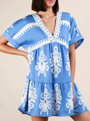 Printed V-Neck Short Sleeve Mini Dress